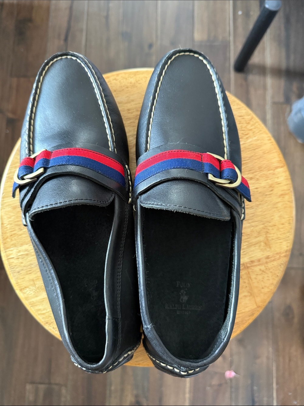 NWOT Men's Black Leather Slip-On Loafers with Red & Blue Web Trim